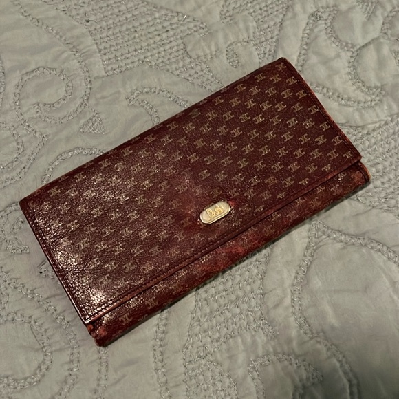 Celine Burgundy Leather Triomphe Stamp Long Foldover Snap Wallet - Picture 1 of 12